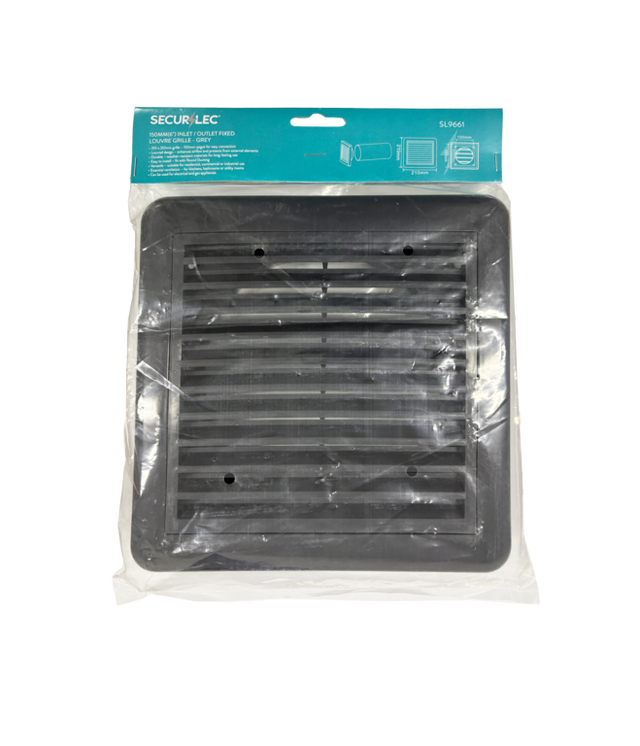 Securlec 150mm grey inlet/outlet fixed louvre ducting grille, original product listing photo showing spigot and grille face