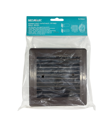Securlec brown louvred ducting grille, 100mm multi fit spigot, front view