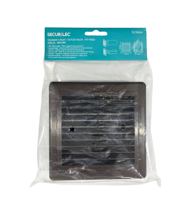 Securlec brown louvred ducting grille, 100mm multi fit spigot, front view