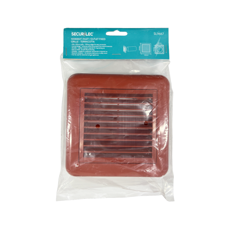 Securlec terracotta louvred ducting grille, 100mm multi fit spigot, front view
