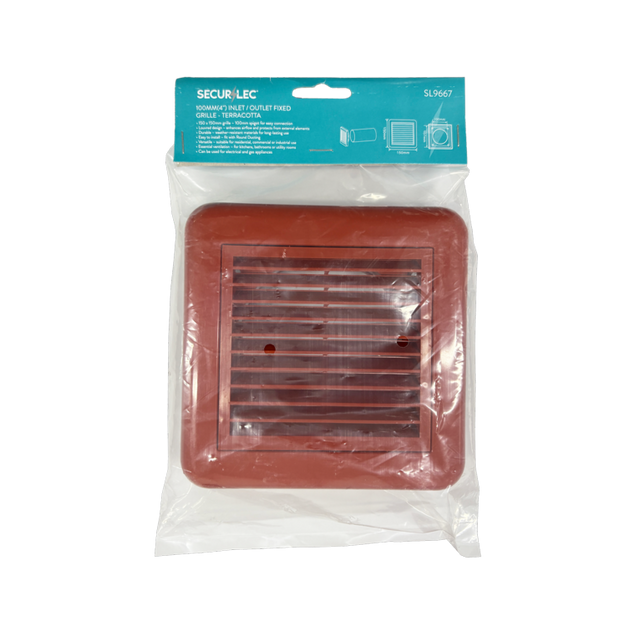 Securlec terracotta louvred ducting grille, 100mm multi fit spigot, front view