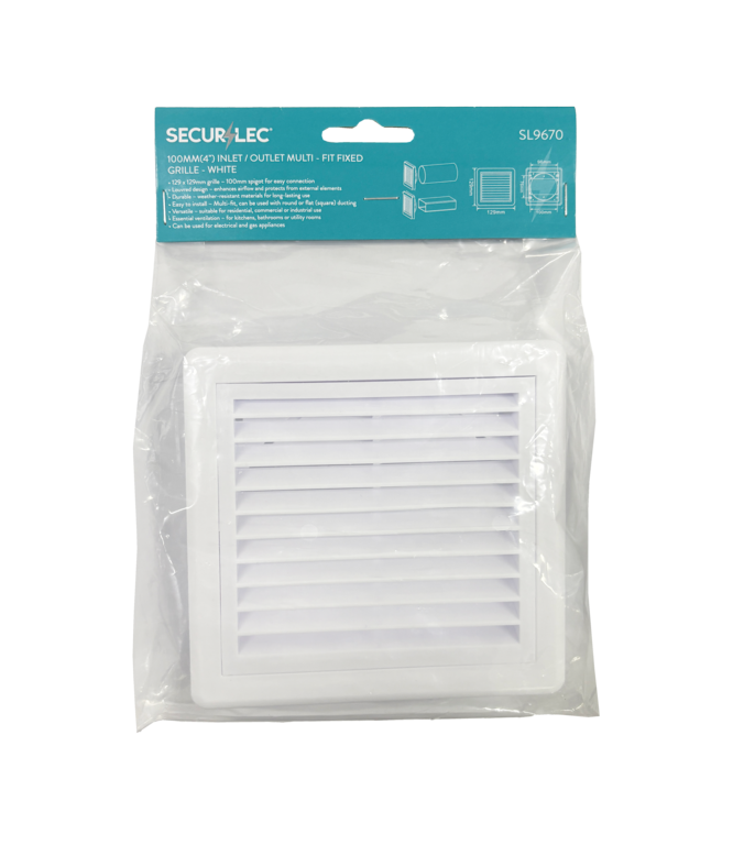 Securlec white louvred ducting grille, 100mm multi fit spigot, front view