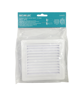 Securlec white louvred ducting grille, 100mm multi fit spigot, front view