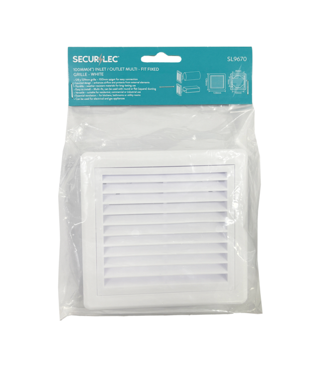 Securlec white louvred ducting grille, 100mm multi fit spigot, front view