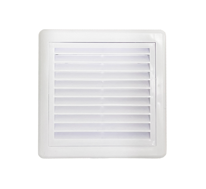 Securlec white louvred ducting grille, rear angle showing the multi fit spigot