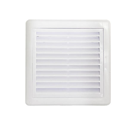 Securlec white louvred ducting grille, rear angle showing the multi fit spigot
