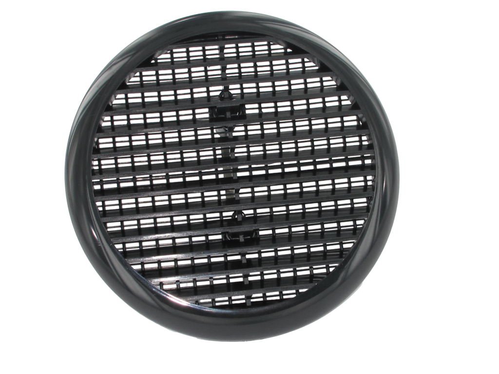 Securit circular louvred vent 165mm in black, full round profile studio photo