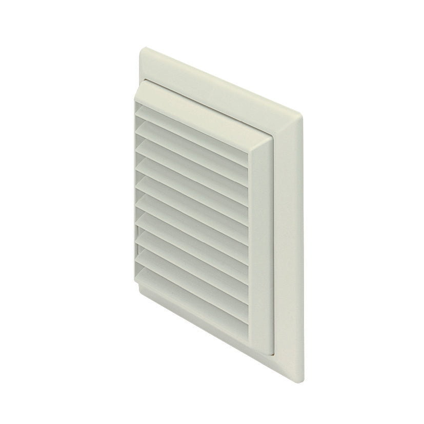 White louvred external ducting grille terminal with angled slats, wall mounted