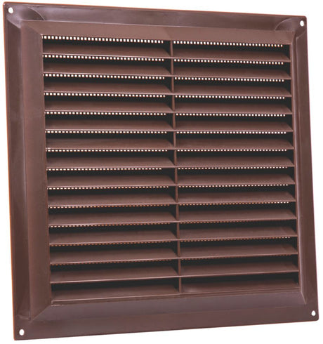 Brown fixed louvre vent with flyscreen, 229mm x 229mm aperture size