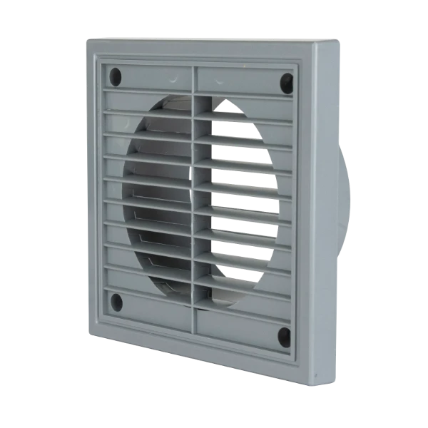 Grey louvre ducting grille with round rear spigot for 150mm round ducting, angled product shot