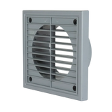 Grey louvre ducting grille with round rear spigot for 150mm round ducting, angled product shot