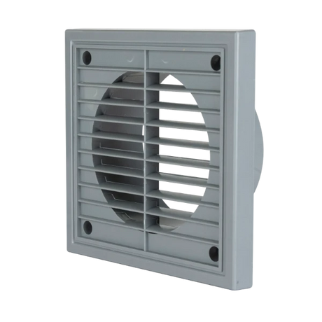 Grey louvre ducting grille with round rear spigot for 150mm round ducting, angled product shot