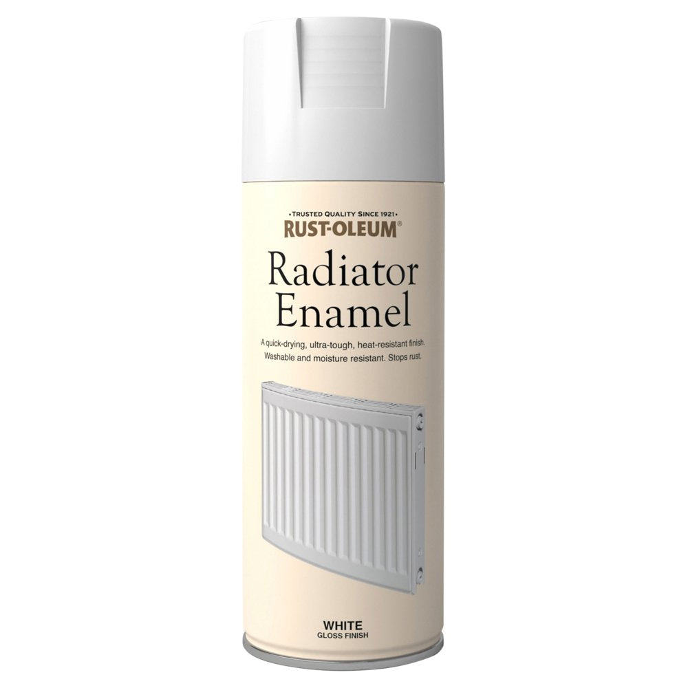 Rust-Oleum radiator enamel white satin spray can label detail 400ml