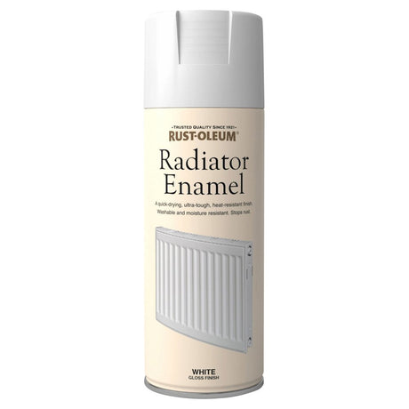 Rust-Oleum radiator enamel white satin spray can label detail 400ml