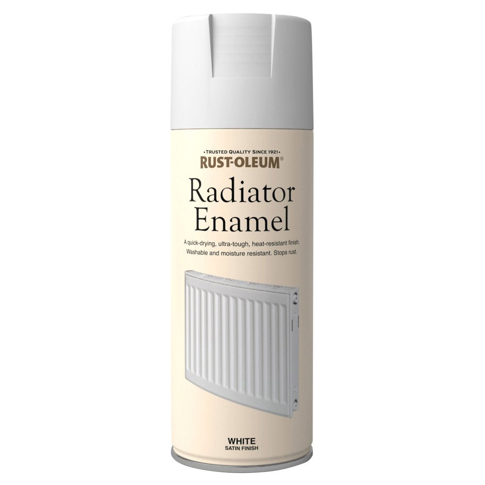 Rust-Oleum white satin radiator enamel spray paint can front view 400ml