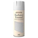 Rust-Oleum white satin radiator enamel spray paint can front view 400ml