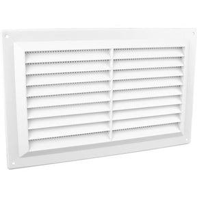 Securit 9x6 inch white plastic louvre vent shown straight on with angled slats and removable flyscreen