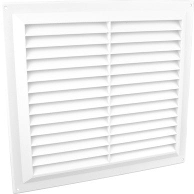 Securit 9x9 inch white plastic louvre vent shown straight on with angled slats and removable flyscreen