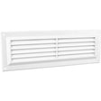 Securit 9x3 inch white plastic louvre vent viewed straight on, showing the angled slats and removable flyscreen mesh
