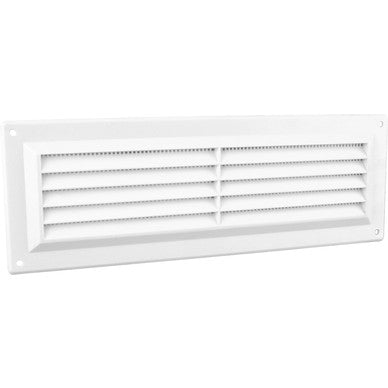 Securit 9x3 inch white plastic louvre vent viewed straight on, showing the angled slats and removable flyscreen mesh