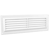 Securit 9x3 inch white plastic louvre vent viewed straight on, showing the angled slats and removable flyscreen mesh
