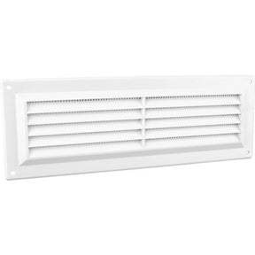 Securit 9x3 inch white plastic louvre vent viewed straight on, showing the angled slats and removable flyscreen mesh