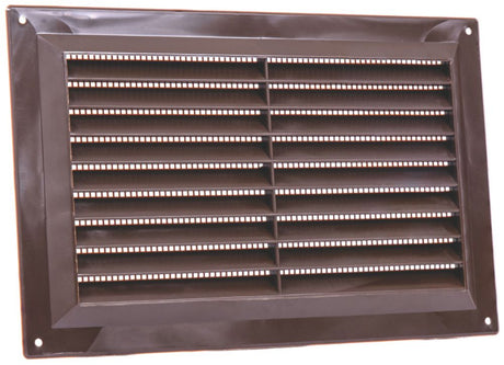 Brown fixed louvre vent with flyscreen, 229mm x 152mm aperture size