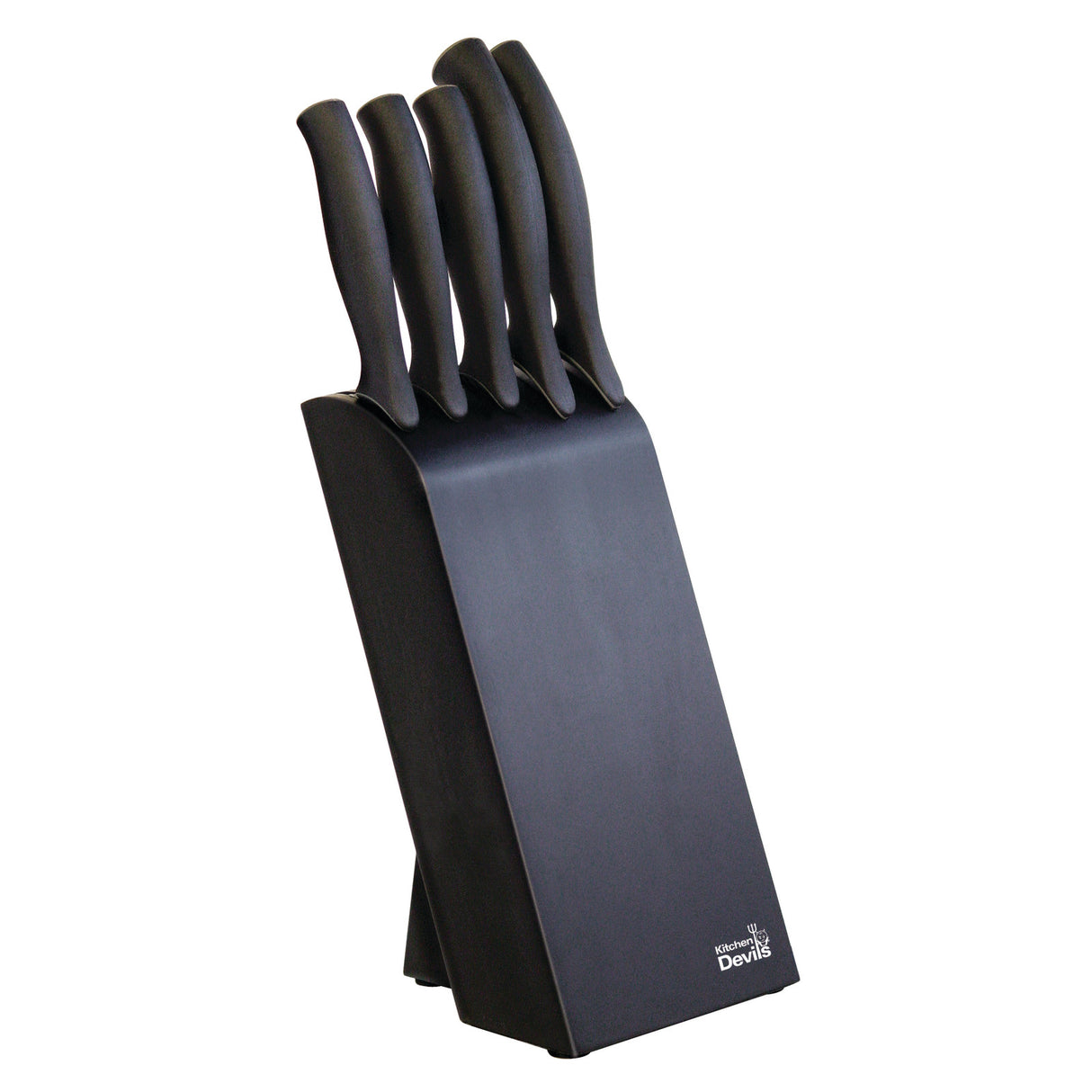 Kitchen Devils Control wooden knife block with five Japanese steel taper ground blades