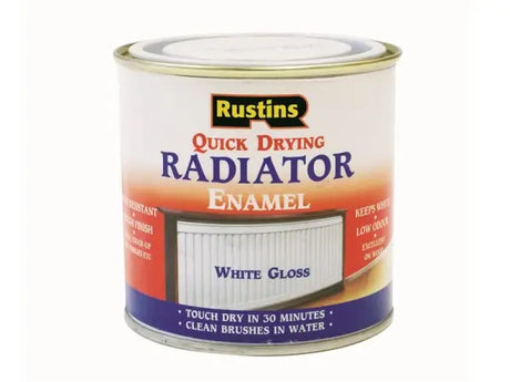 Rustins quick dry radiator enamel gloss white paint tin, 250ml