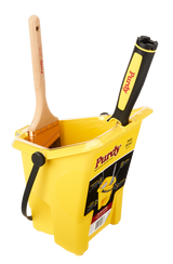 Purdy Pail with a paintbrush resting on the integrated magnet and a mini roller on the ramp