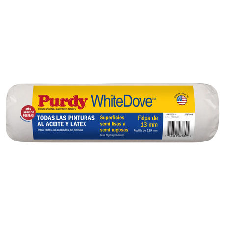 Purdy White Dove P-X roller sleeve back label showing 9 inch by 0.5 inch nap and 1.75 inch core specification