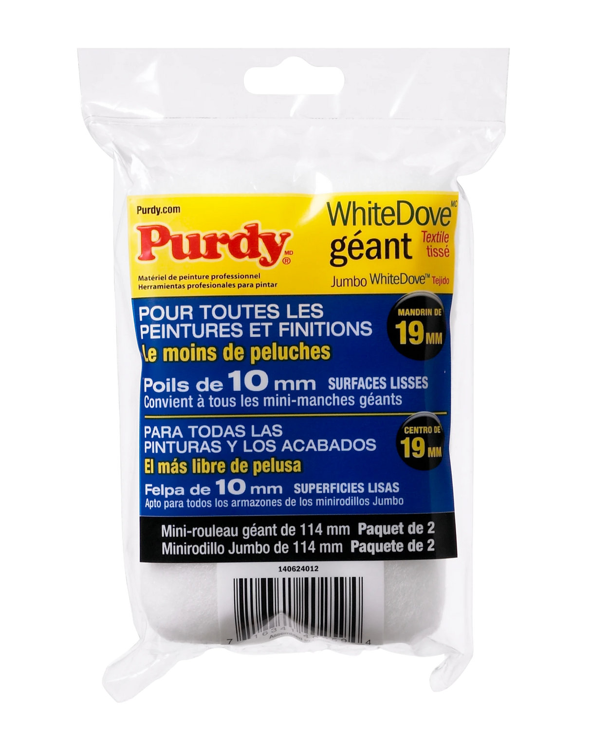 Back of Purdy White Dove Jumbo mini roller sleeve pack showing 4.5 inch by 3/8 inch nap specification