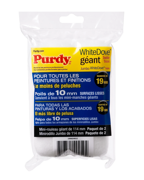 Back of Purdy White Dove Jumbo mini roller sleeve pack showing 4.5 inch by 3/8 inch nap specification