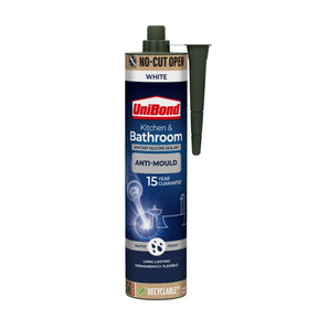 UniBond Anti-Mould Kitchen & Bathroom Sealant White 280ml cartridge in new No-Cut Open cardboard packaging