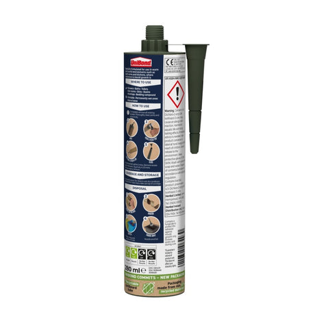UniBond Anti-Mould Kitchen & Bathroom Sealant White 280ml pack back label showing where to use, how to use and disposal instructions
