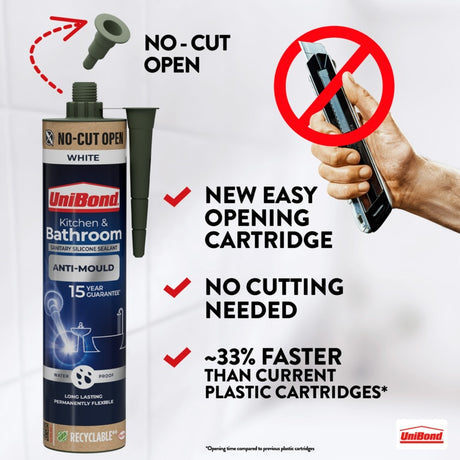 UniBond No-Cut Open cartridge: new easy opening system, no cutting needed, around 33% faster than plastic cartridges