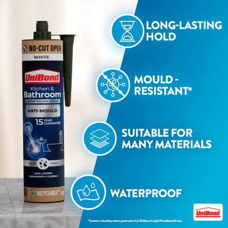 UniBond Anti-Mould Kitchen & Bathroom Sealant key features: long-lasting hold, mould-resistant, suitable for many materials, waterproof