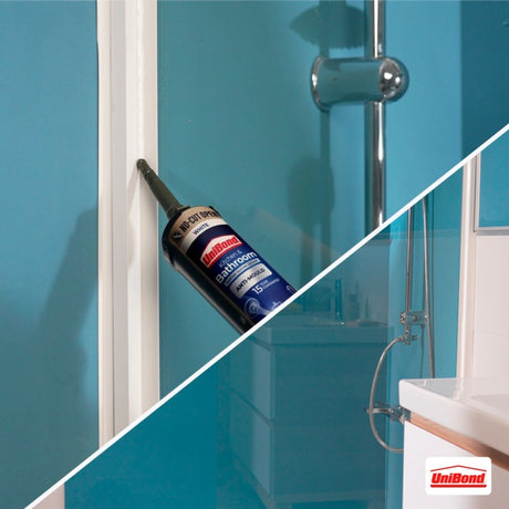 Applying UniBond Anti-Mould Kitchen & Bathroom Sealant around a shower screen and bathroom cabinet