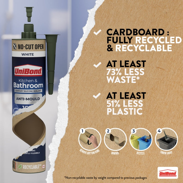 UniBond cardboard cartridge sustainability: fully recycled and recyclable cardboard, at least 73% less waste, at least 51% less plastic
