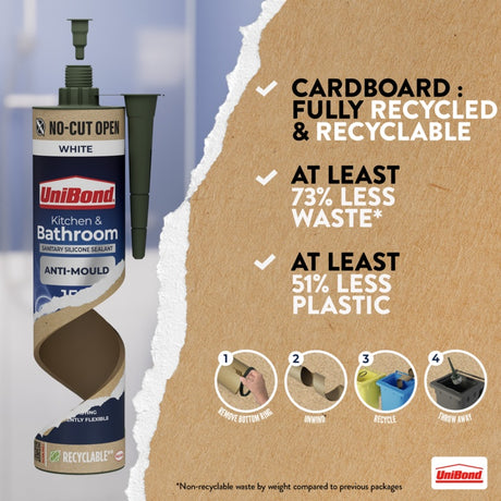 UniBond cardboard cartridge sustainability: fully recycled and recyclable cardboard, at least 73% less waste, at least 51% less plastic