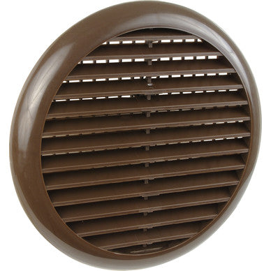 Brown round louvre vent cover with angled slats, 165mm diameter, front view