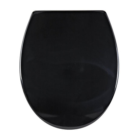Black plastic toilet seat with quick-release hinges, similar budget style to SupaHome plastic seat