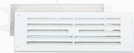 White plastic louvre vent 9x3 showing angled slats and flyscreen mesh