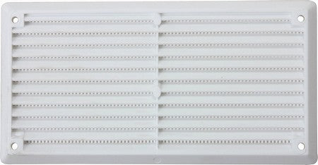 White louvre vent with flyscreen mesh, 152 x 76mm size, close up of angled slats