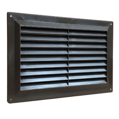Brown plastic louvre air vent grille 9 x 6 inch with flyscreen cover, front view