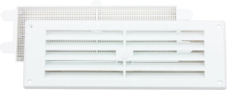 9x3 inch white louvred vent with removable flyscreen, angled product shot