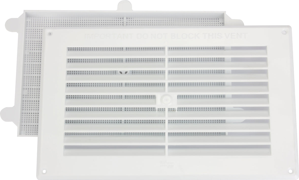 9x6 inch white louvred vent with removable flyscreen, angled product shot