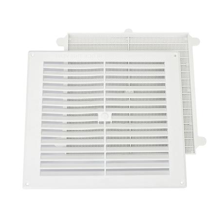 9x9 inch white louvred vent with removable flyscreen, triple brick course size