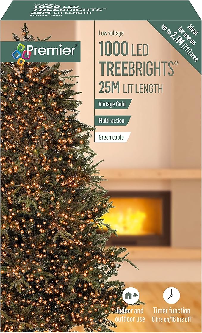 Premier 1000 LED Multi Action Treebrights With Timer - Vintage Gold/Green Cable