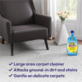 1001 Shampoo bottle beside a dark leather armchair and area rug, showing large area carpet cleaner benefits